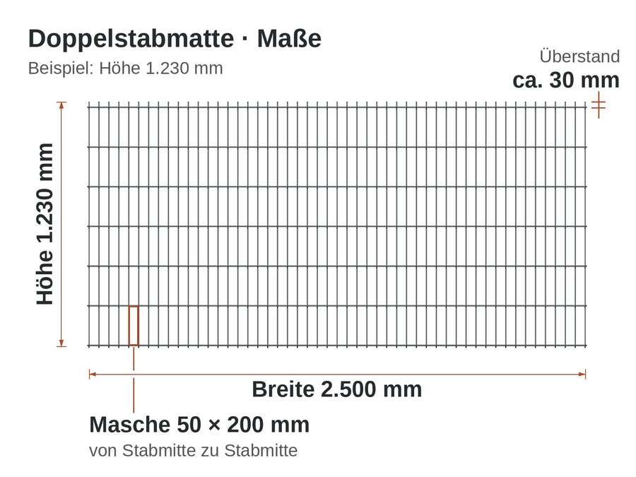 Maßbild Doppelstabmatte: 2.500 mm breit, 1.230 mm hoch, Masche 50 × 200 mm, ca. 30 mm Überstand der senkrechten Stäbe