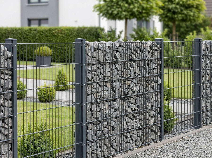 Gabionenwand mit Gabionenpfosten (KI-Bild, Kevin-Wahl B 28.08.2026)