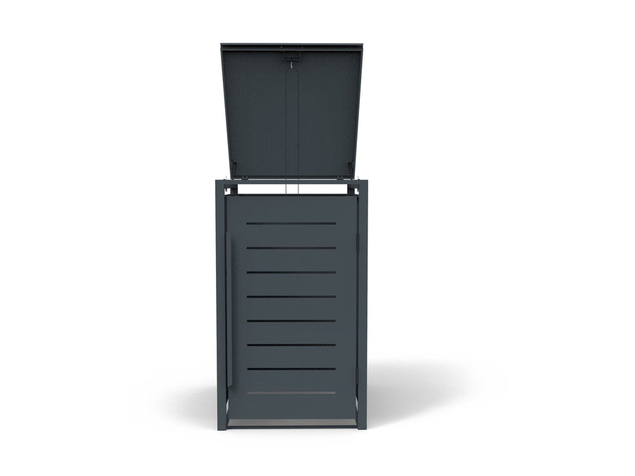 Mülltonnenbox aus Stahl für eine Tonne à 240 Liter, Deckel geöffnet, Ansicht von vorn