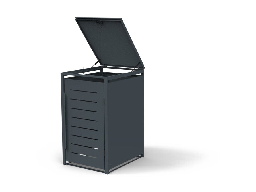 Mülltonnenbox aus Stahl für eine Tonne à 240 Liter, Deckel geöffnet, Schrägansicht