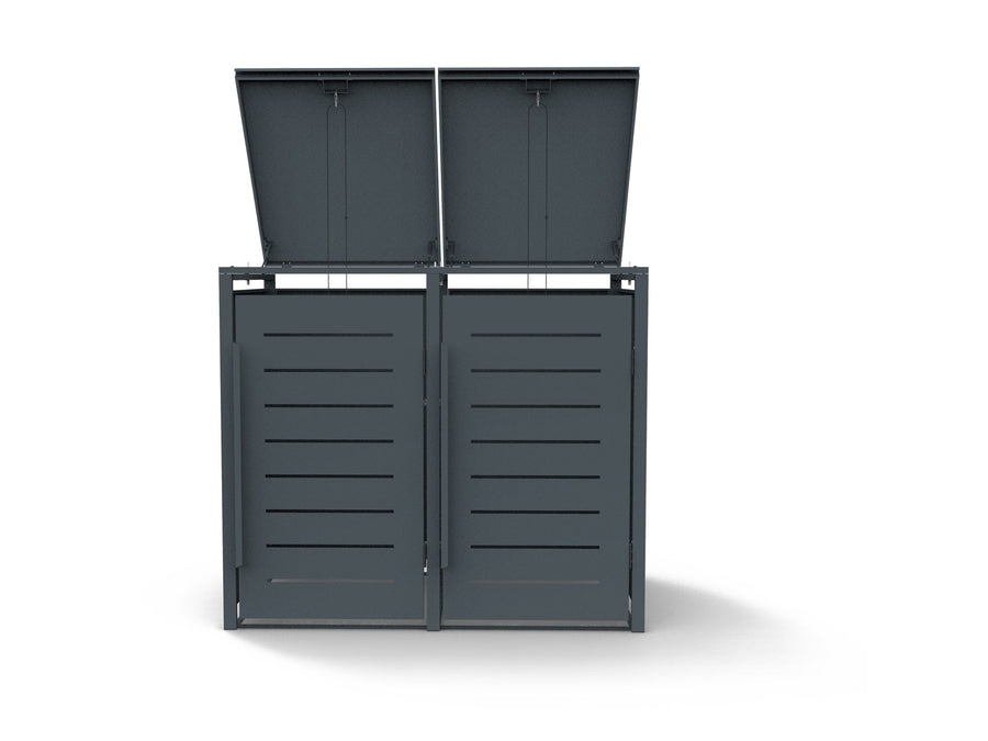 Mülltonnenbox aus Stahl für zwei Tonnen à 240 Liter, Deckel geöffnet, Ansicht von vorn