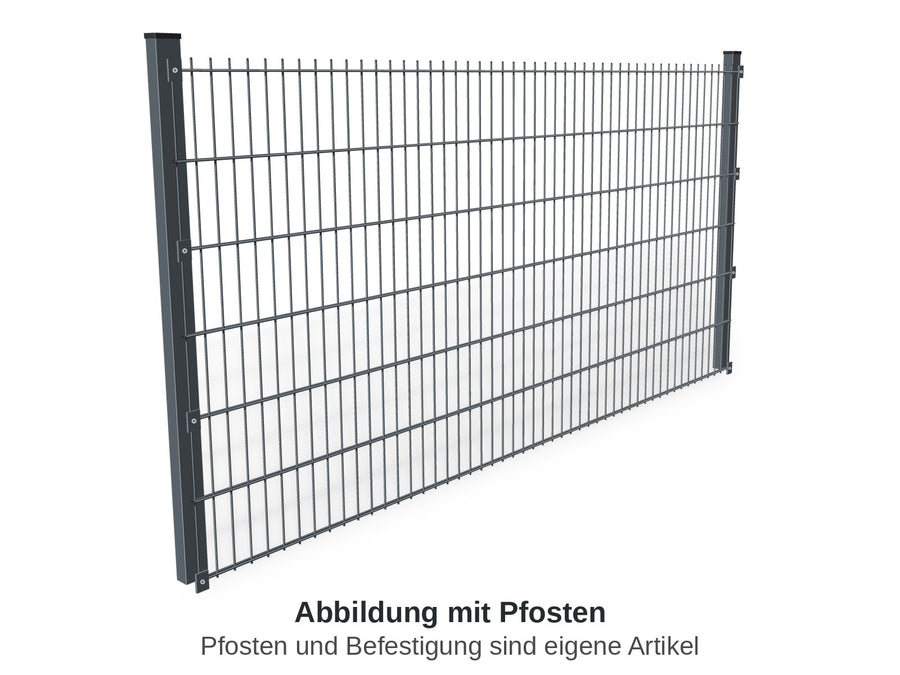Zaunfeld aus Doppelstabmatte 2.500 × 1.230 mm zwischen zwei Pfosten, Anthrazit. Pfosten und Befestigung sind eigene Artikel