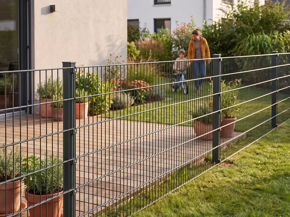 Anthrazitfarbener Doppelstabmattenzaun im Familiengarten