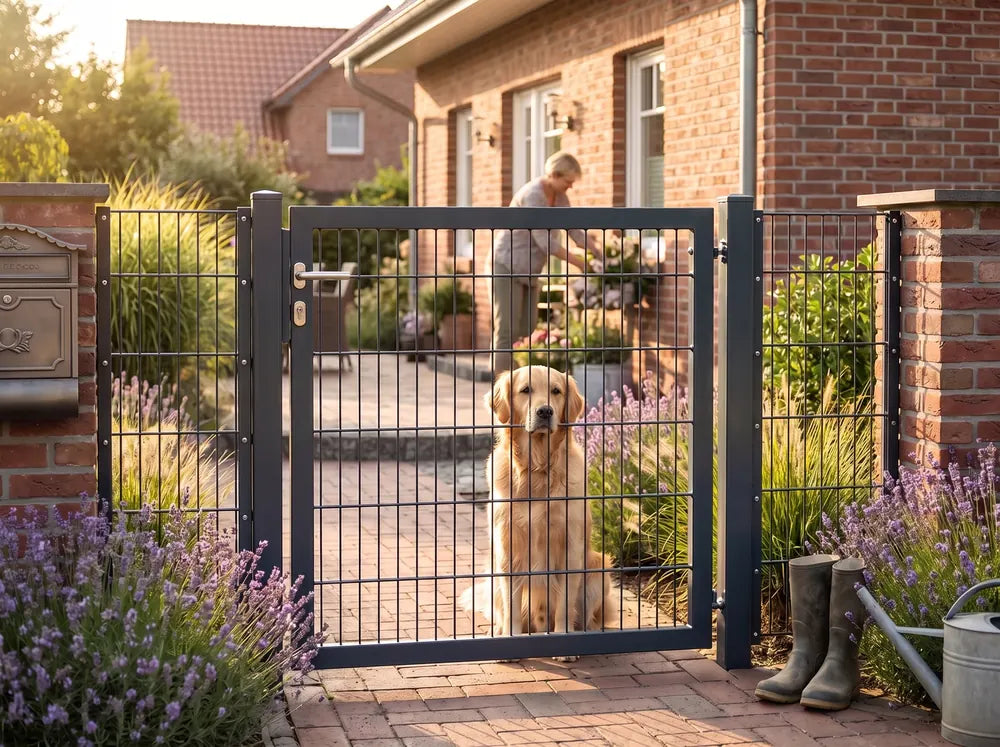 Gartentor aus Doppelstabmatten mit Hund