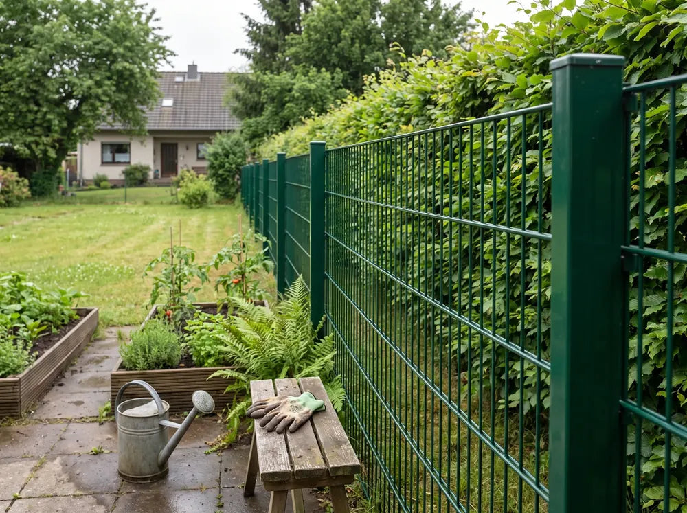 Moosgrüner Doppelstabmattenzaun am Nutzgarten