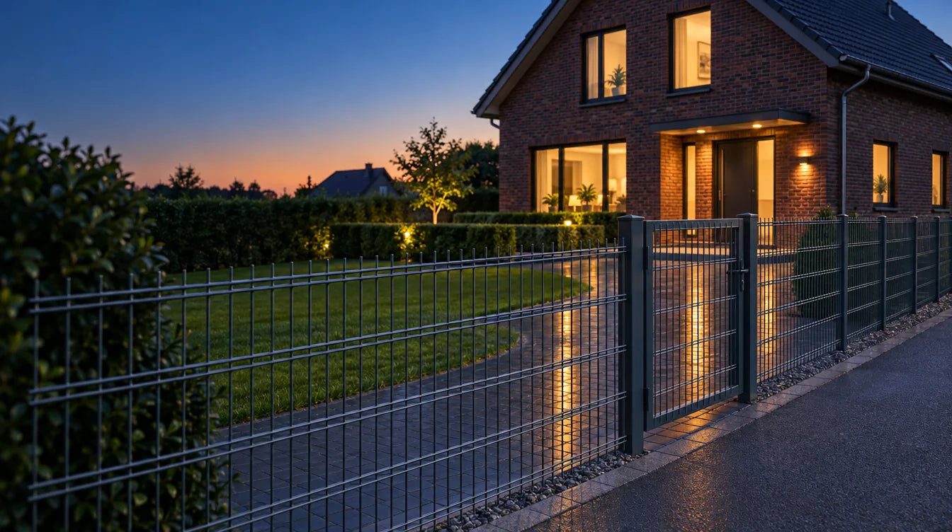 Beispielansicht: Doppelstabmattenzaun mit Gartentor in Anthrazit vor einem Klinkerhaus am Abend